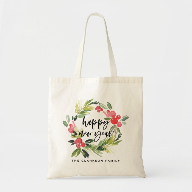 Tote Bag Pin d'aquarelle et Wreath Holly Bonne année (Devant)