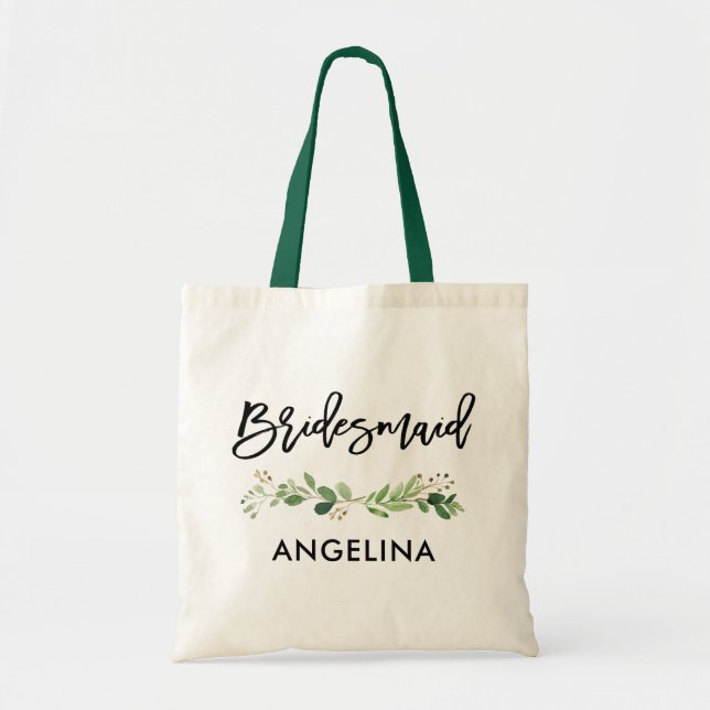 Tote Bag Pinceau Script Demoiselle d'Honneur Botanique Verd (Devant)