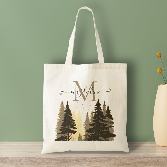 Tote Bag Pine Tree Forest Beige Nom du script Monogramme (Créateur téléchargé)