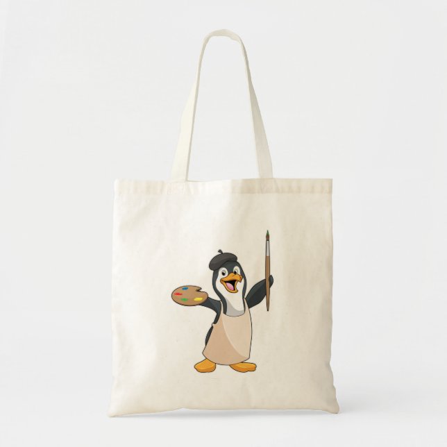 Tote Bag Pingouin as Painter with Paint brush & Colour (Devant)