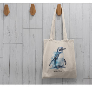 Tote Bag pingouin dans l'aquarelle bleue