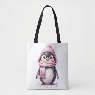 Tote Bag Pingouin mignon en Casquette rose et Écarf 3a Noël