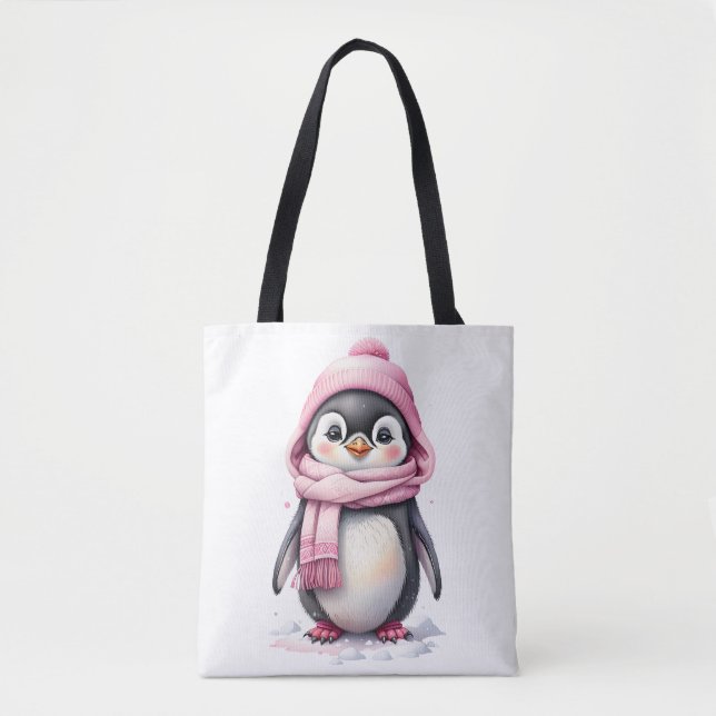 Tote Bag Pingouin mignon en Casquette rose et Écarf 3a Noël (Devant)
