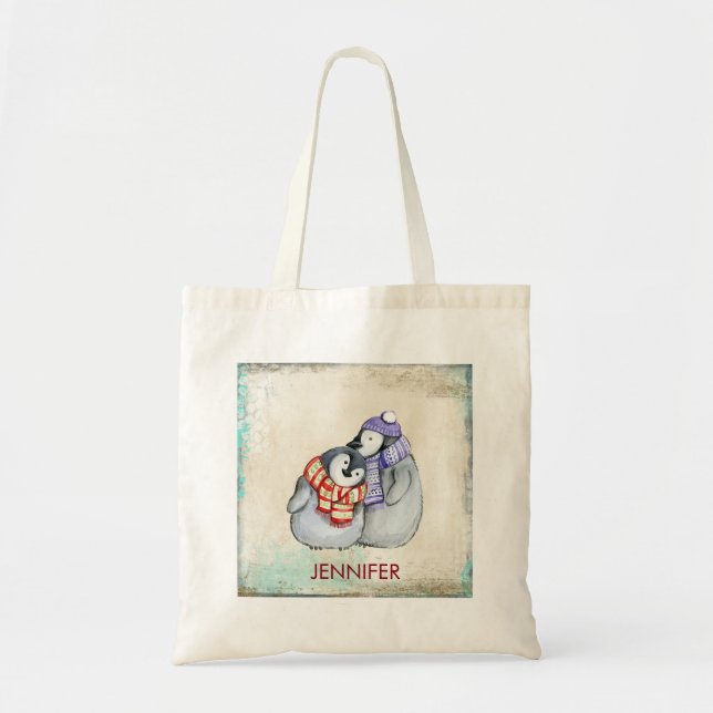 Tote Bag Pingouins mignons en Écharpes d'hiver et Casquette (Devant)