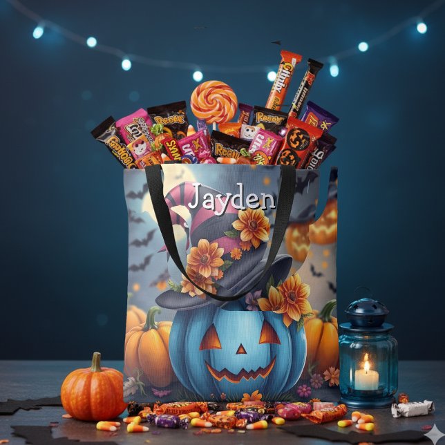 Tote Bag Pink and Blue Halloween Pumpkin Personalized (Créateur téléchargé)