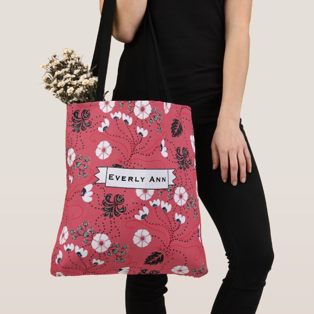 Tote Bag Pink Black Turquoise blanc motif floral (De près)