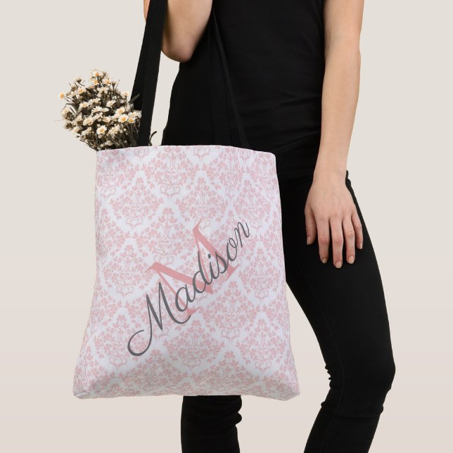 Tote Bag Pink Damask tendance mignonne Girly Nom Monogram (De près)