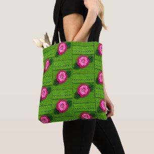 Tote Bag Pink Flower Spring Vert Artiste Crochet Imprimer