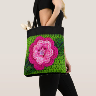 Tote Bag Pink Flower Spring Vert Artiste Crochet Imprimer
