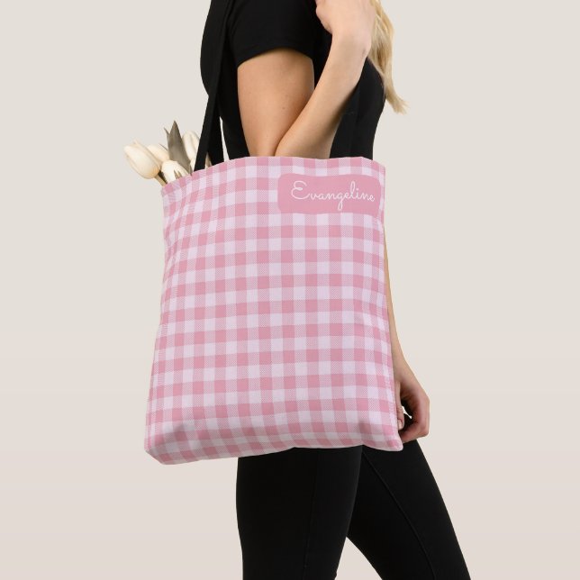 Tote Bag Pink Gingham Pattern Girly Checkered Plaid Name (De près)