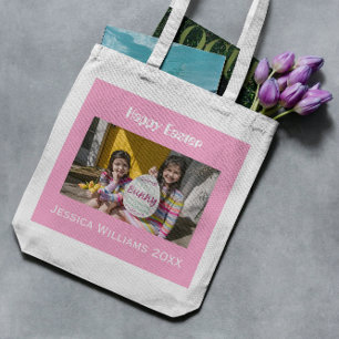 Tote Bag Pink Happy Easter Custom Name Photo Cute Egg Hunt 