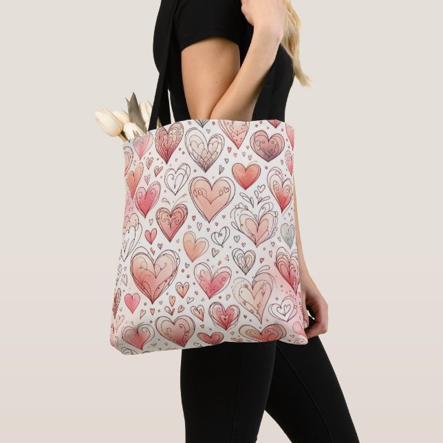 Tote Bag Pink Heart Doodles Motif Saint Valentin (De près)
