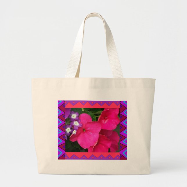 Tote Bag :: Pink Impatiens with artistic border (Front)