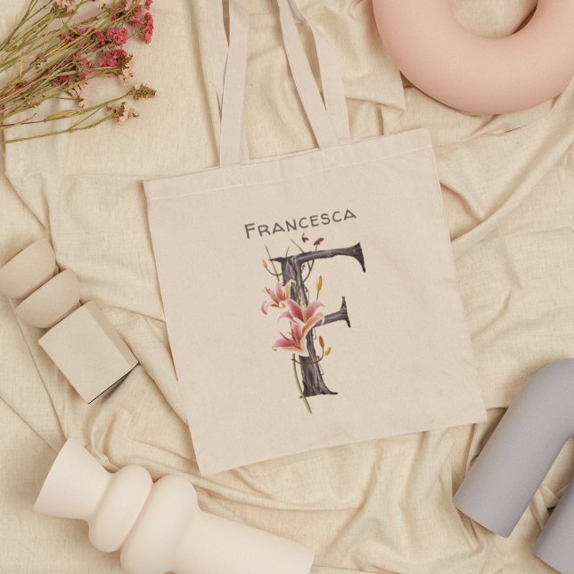 Tote Bag Pink Lilies Monogramme Lettre F Nom personnalisé (Créateur téléchargé)