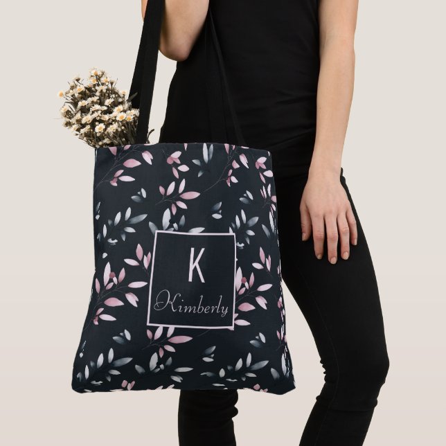 Tote Bag Pink Navy Elegant Tendance Nom initial Monogramme (De près)