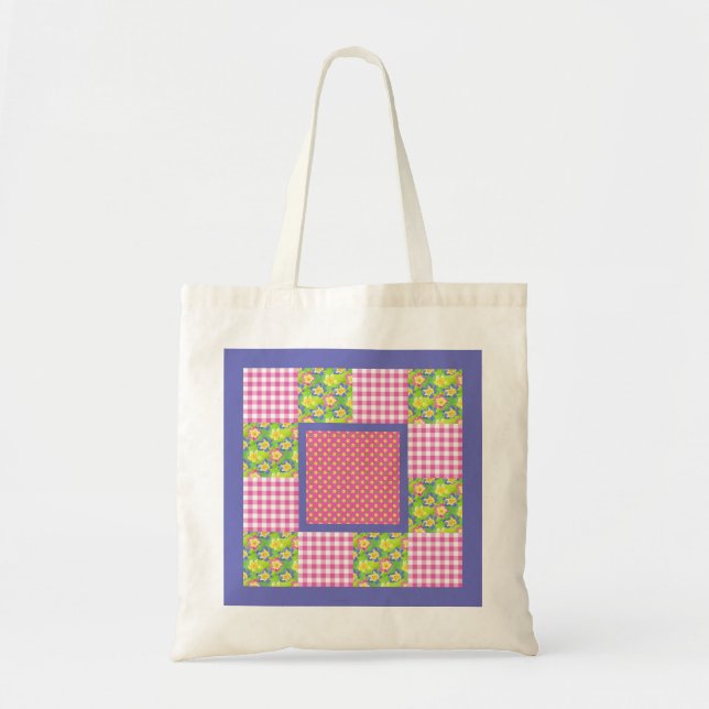 Tote Bag: Pink: Primroses, Polka Dots, Gingham (Front)