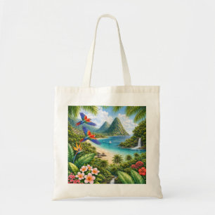 Tote Bag Pitons de Sainte-Lucie Plage Tropicale et Perroque
