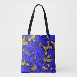 Tote Bag Pivoines bleues avec feuilles dorées