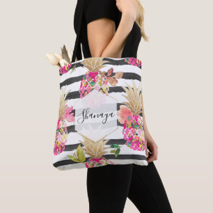 Tote Bag PixDezines Aloha Ananas+Floral+Grandes Noires