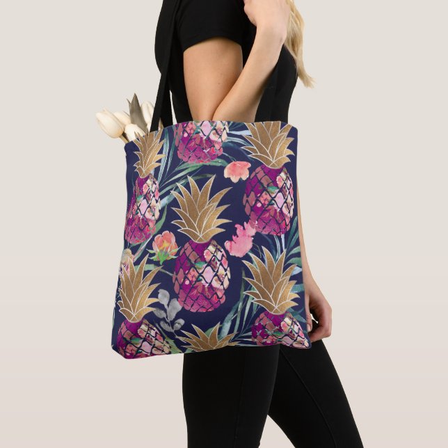 Tote Bag PixDezines Aloha Ananas+Fronds Palm Aquarelle (De près)