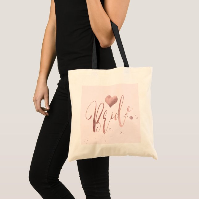 Tote Bag PixDezines Bride Faux Rose Gold Script+Heart (Devant (produit))