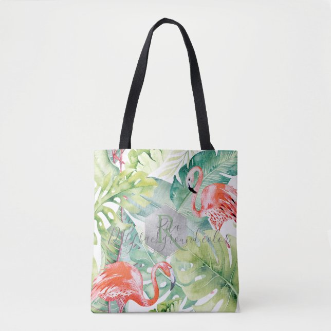 Tote Bag PixDezines Flamants roses roses+Verdure tropicale (Devant)