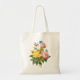 Tote Bag PixDezines Vintage jaune/rose/Roses/Redoute