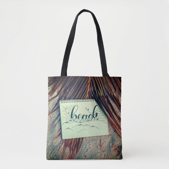 Tote Bag Plage à thème, fronde de palmier, carnet de croqui (Devant)