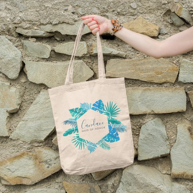 Tote Bag Plage botanique bleue Maid of Honor Chic Monogramm (Créateur téléchargé)