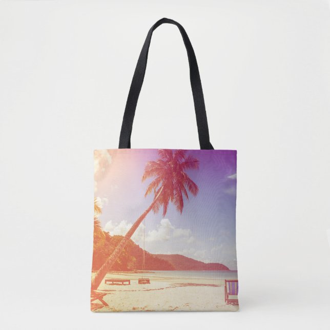 Tote Bag Plage, cocotier, lit en bois. (Devant)
