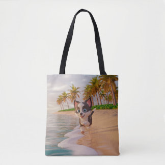 Tote Bag plage, cocotiers, dessin de chien