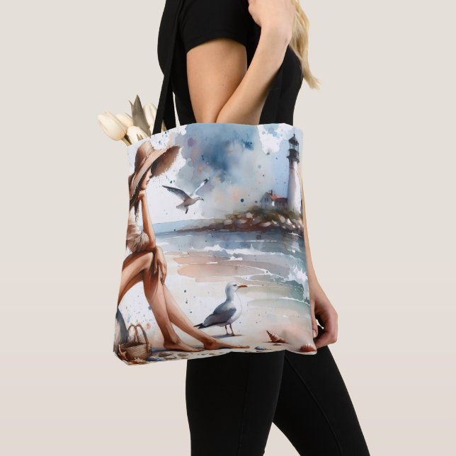 Tote Bag Plage côtière fille et phare (De près)