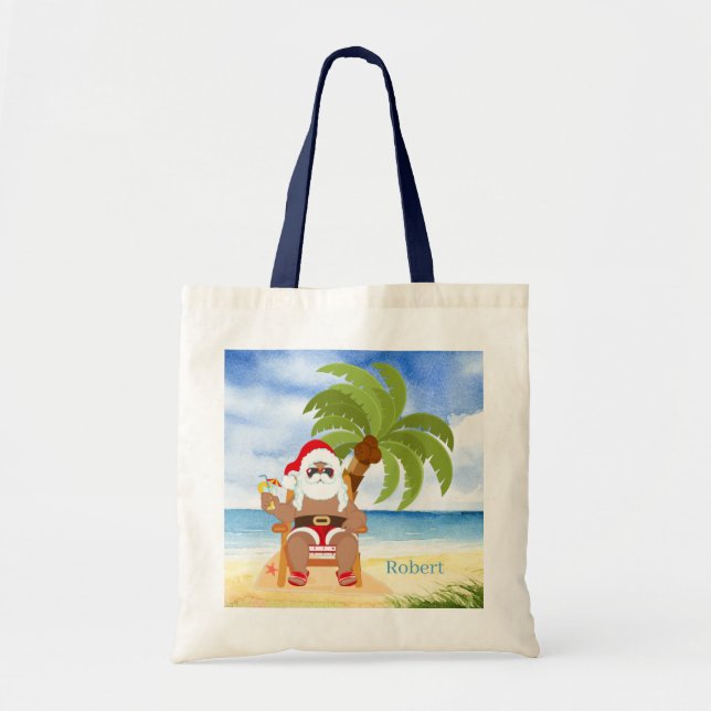 Tote Bag plage de Noël festive Père Noël ajouter nom enfant (Devant)
