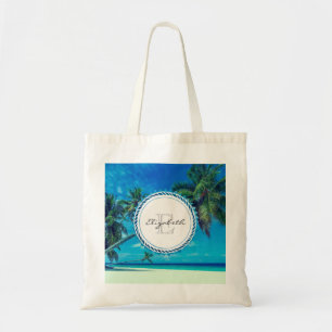 Tote Bag Plage de sable blanc avec palmiers tropicaux Monog