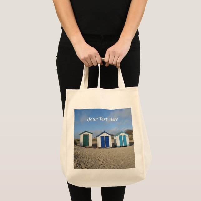 Tote Bag Plage huttes bleu ciel sable anglais bord de mer (Devant (produit))