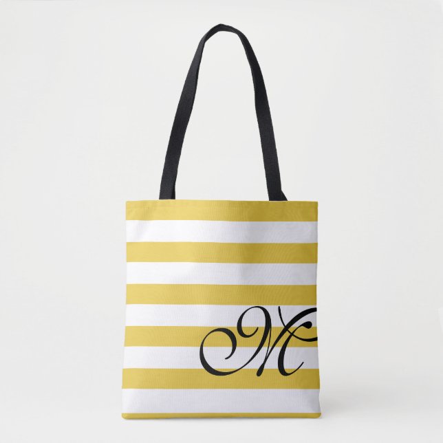 Tote Bag Plage Jaune & Blancs Monogramme Chic (Devant)
