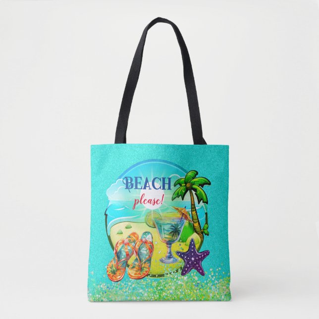 Tote Bag Plage s'il vous plaît turquoise personnalisée (Devant)