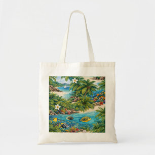 Tote Bag Plage tropicale des Seychelles, palmiers et récif