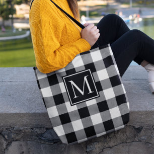 Tote Bag Plaid Buffalo Noir et Blanc Monogrammé