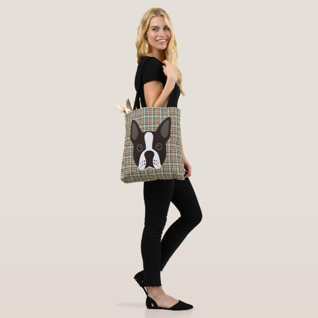 Tote Bag Plaid de tartan de chiot de Boston Terrier (Sur le modèle)