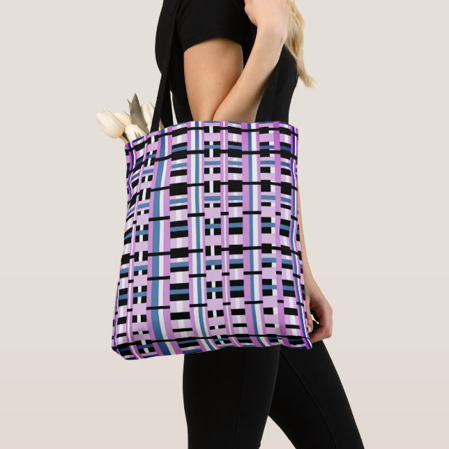 Tote Bag Plaid en bleu ardoise, orchidée, noir & blanc (De près)