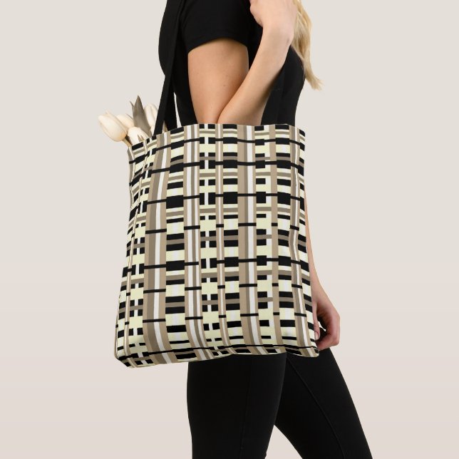 Tote Bag Plaid en Taupe, Tan, noir, blanc (De près)