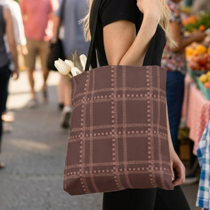 Tote Bag Plaid Géométrique Marron et Mauve Classique