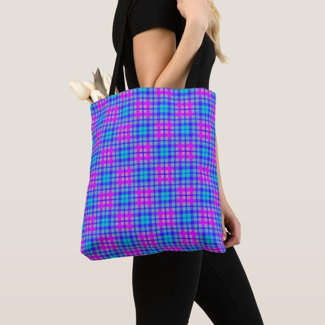 Tote Bag Plaid moderne couleur bleu et violet (De près)