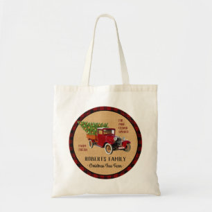 Tote Bag Plaid rouge de camion vintage de ferme d'arbre de