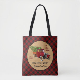 Tote Bag Plaid rouge de camion vintage de ferme d'arbre de