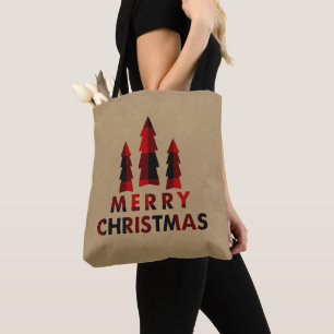Tote Bag Plaid rouge rustique de Buffalo d'arbres de Joyeux