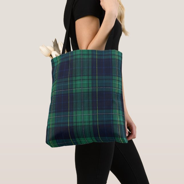 Tote Bag Plaid Tartan vert et bleu (De près)