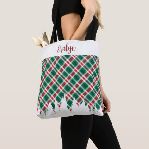 Tote Bag Plaid traditionnel rouge et vert avec nom Noël