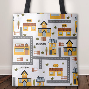Tote Bag Plan de la ville École Motif pour enfants jaune et